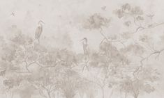 an artistic wallpaper with birds and flowers on the branches in pastel pink tones