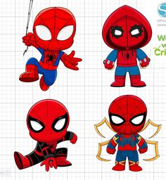 the spiderman paper toy is shown in four different poses