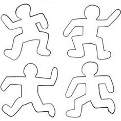 four cut out people are shown in black and white, with one man running through the middle