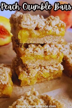 peach crumble bars stacked on top of each other