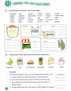 the food and drink worksheet is shown in this graphic file, which includes pictures of