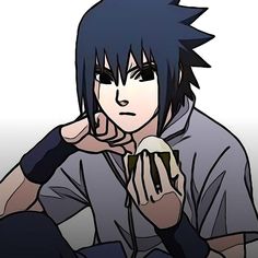 an anime character with black hair sitting on the ground holding a cell phone in his hand