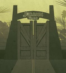 an illustration of a wooden gate with the words jurasic park on it and palm trees in the background