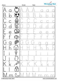 the alphabet worksheet for children to learn how to write and draw letters with pictures