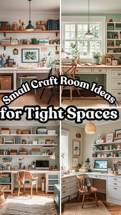 small craft room ideas for tight spaces with lots of shelves and desks in them