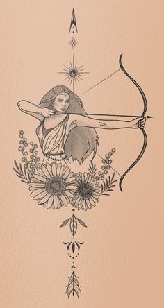 a drawing of a woman holding a bow and arrow with sunflowers on it