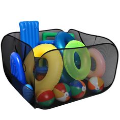 a black mesh bag filled with lots of colorful balls and inflatable pool toys