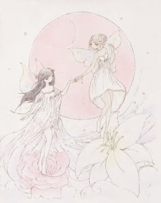 a drawing of two fairy girls holding hands