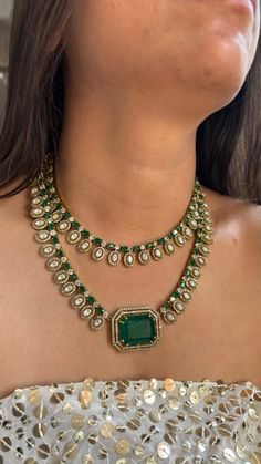 A perfect emerald layered necklace set This is intricately crafted with uncut polki in green and Moissanite to give that premium look to the necklace Comes with a pair of long matching earrings  Perfect for a fusion look with blazer or tops and blouses or with your favourite ethnic wear like kurta sarees or lehnga for a traditional look Don't forget to pair it with white or pastel pink saree  Classy minimal and elegant, this piece is a must in your jewellery collection For any order related queries, DM me today This necklace is make to order but if you need it delivered earlier please let me know your dates and I'll try to make that possible by expediting your order Rosh Green Necklace Indian, Green Bridal Jewellery, Pastel Pink Saree, Saree Classy, Jewellery Classy, Guttapusalu Haram, Green Wedding Jewelry, Emerald Green Jewelry, Emerald Green Inspiration