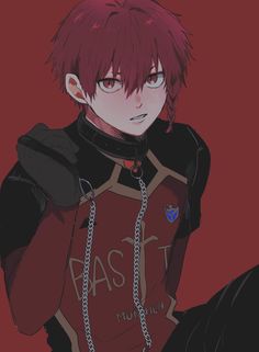 an anime character with red hair and black clothes, holding his hands on his hips