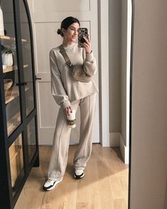 MY Abercrombie Collection is HERE! - The Sister Studio 2 Piece Outfit Set Comfy, Neutral Sweat Set, Turtle Neck And Sweatpants, Classy Sweatpants Outfit, Jogger Set Outfits Women, Classy Loungewear Outfit, Wide Leg Sweatpants Outfit, Sweatpants Outfits Winter, Neutral Lounge