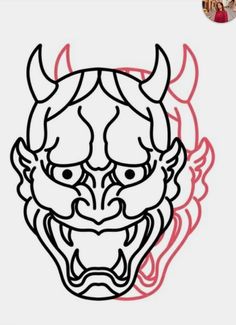 a drawing of a demon's head with red lines on the face and horns