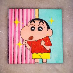 a painting of a cartoon character on a pink and blue striped background