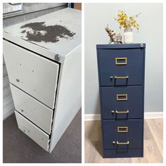 two photos side by side one has a filing cabinet and the other has a vase with flowers on top