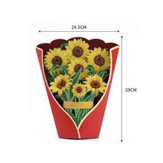 sunflowers in a red vase on a white background with measurements for the size