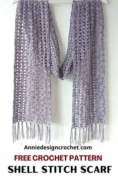 a crocheted scarf hanging on a white coat rack with text overlay that reads, free crochet pattern shell stitch scarf