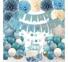 ❄Blue Birthday Decorations:  Birthday decoration set includes: 43 birthday balloons (blue, gold, sequins, ivory); happy birthday sign * 1; star banner * 1; Star balloons * 2; Paper pompoms * 8; Blue Fringe Curtains * 1; Cake decorations, ribbons, balloon chains 🐳Birthday Decorations for Boys and Girls :  This set of light blue birthday decor is complete, enough to decorate the entire birthday party and add a joyful atmosphere. Very suitable for dressing up winter wonderland - Frozen birthday pa Blue Birthday Decorations, Light Blue Birthday, Blue Party Decor, Curtain Background, Blue Pom Poms, Balloons Blue, Decor Balloons, Fringe Curtains, Blue Party Decorations