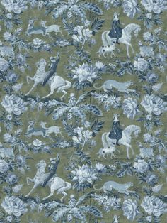 a green and blue wallpaper with horses, flowers and birds on it's side