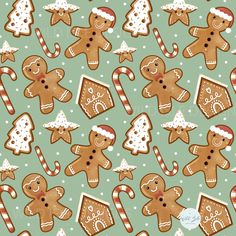 gingerbread cookies and candy canes are on a green background with white polka dots