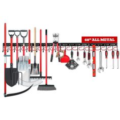 a red and black rack filled with lots of tools