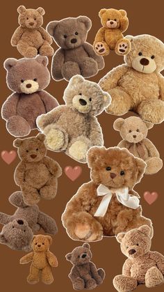 a group of teddy bears sitting next to each other on top of a brown background