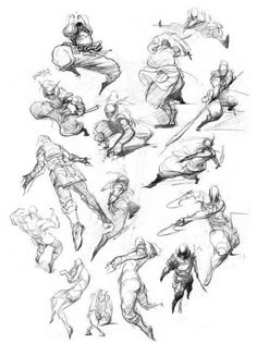 some sketches of people doing different poses