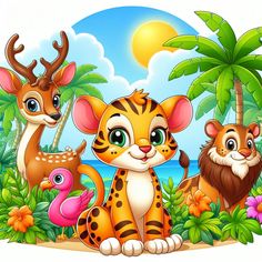 cartoon wild animals in the jungle with palm trees