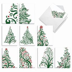 six christmas cards with green and red designs on the front, white envelopes and an envelope