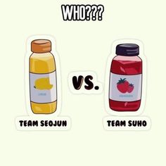 an image of two bottles of juice and the words team sequin vs team suho