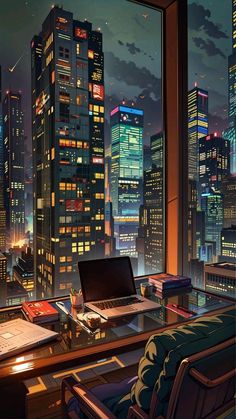 a laptop computer sitting on top of a desk in front of a cityscape