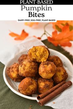 pumpkin bites on a plate with cinnamon sticks