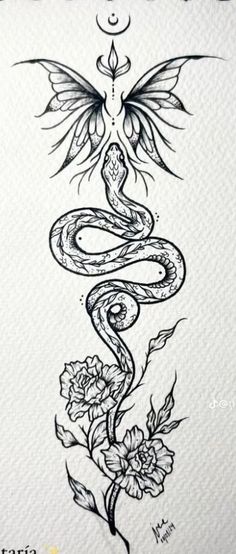 a drawing of a snake and flower with wings on it's back, in black ink