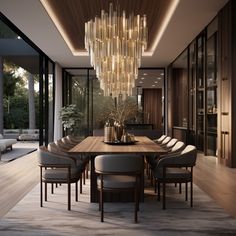 a dining room table with chairs and a chandelier hanging from it's ceiling