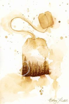 a watercolor painting of a tea bag with trees on it