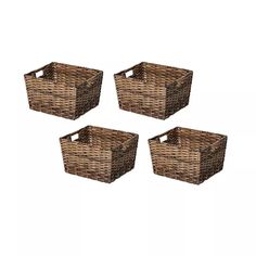 three wicker baskets with handles are shown in four different sizes and colors, one is brown