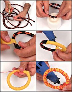 four pictures showing how to make an origami ring with scissors and yarns