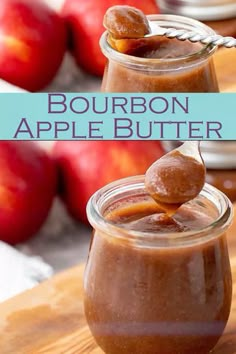 bourbon apple butter in a glass jar on a wooden cutting board with apples in the background