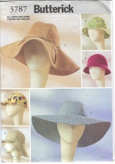 Misses Hat Sewing Pattern, One Size. The pattern is complete.  All patterns are mailed in quality archival storage sleeves. Hat Sewing Pattern, Hat Sewing, Hat Patterns To Sew, Wide Brim Hats, Hats Baseball, Brim Hats, Butterick Sewing Pattern, Diy Hat, Sewing Studio