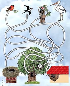 a maze game with birds on the tree and a birdhouse in the middle, which is