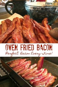 bacon is being cooked in an oven with the words queen fried bacon perfect crispy bacon