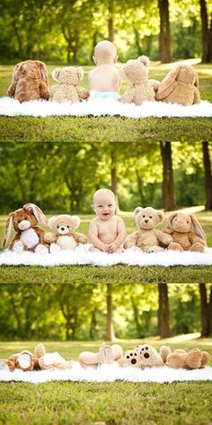 a baby sitting in the grass surrounded by teddy bears and other stuffed animals with trees in the background