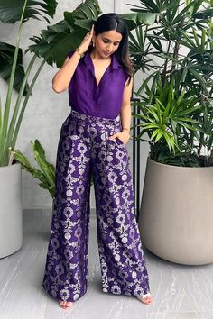 Buy Purple Silk Woven Floral Spread Collar Shirt And Brocade Pant For Women by Sobariko Online at Aza Fashions. Brocade Coordset, Brocade Pants, Lavender Outfit, Indian Dress Up, Function Dresses, Simple Lehenga, Trendy Outfits Indian, Diwali Outfits, Bengali Bride