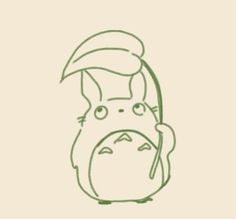 a green line drawing of a totoro with an umbrella over its head,