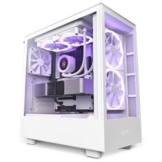 a white and purple computer case with fan lights