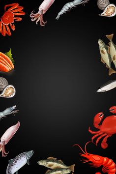 a group of different types of seafood on a black background with space in the middle