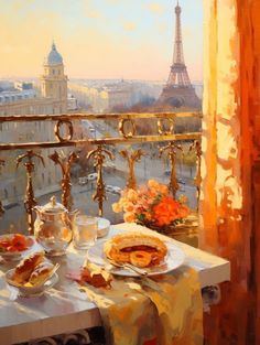 a painting of a table with food on it in front of the eiffel tower