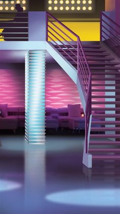 a room with stairs, tables and couches in front of a pink wall that has lights on it