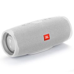 the jbl boom 3 portable bluetooth speaker is white and has a red logo on it