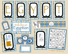 the egyptian alphabet and its symbols are shown in blue, yellow and white colors with gold accents