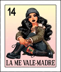 a woman with tattoos sitting on top of a taroti playing card that says la me vale - madre